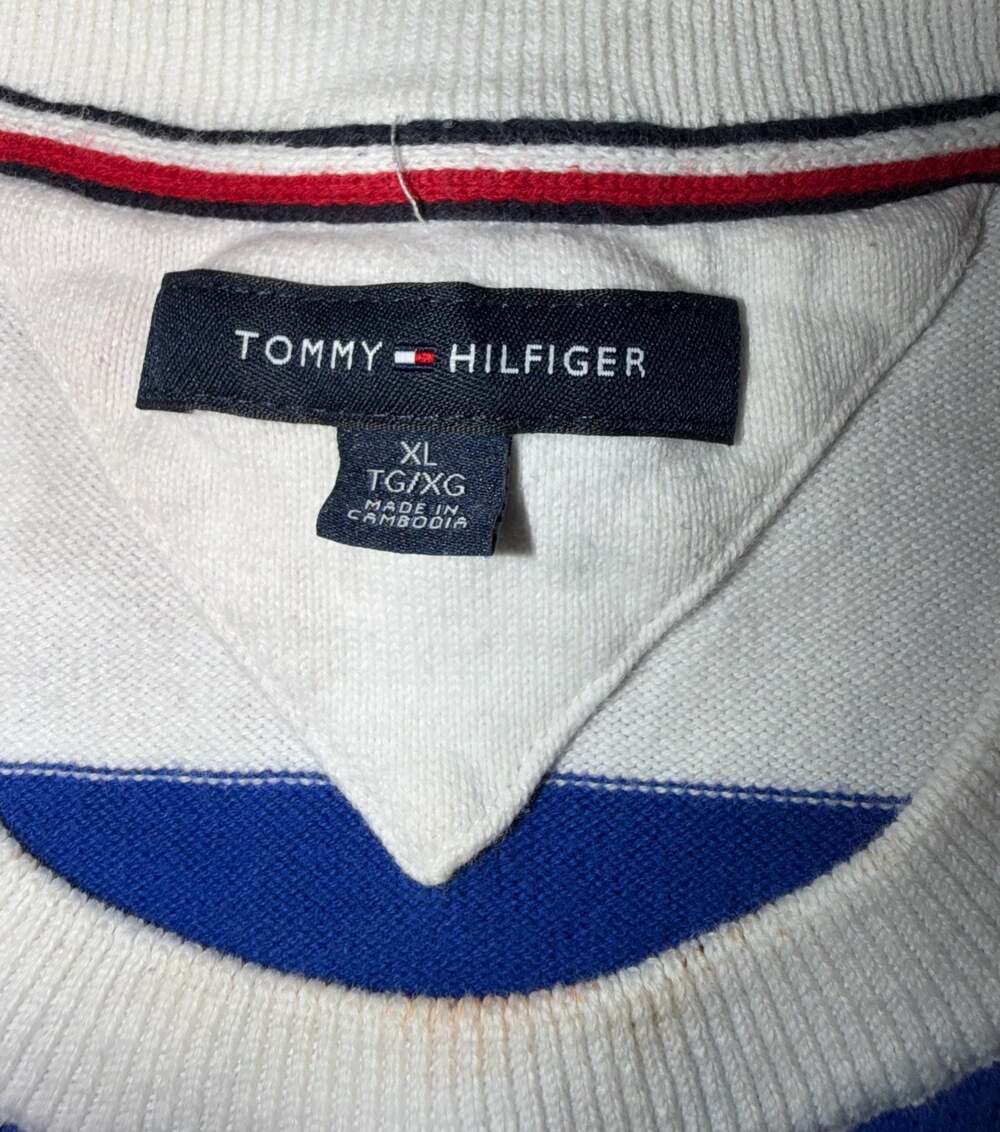 Tommy Hilfiger Men's Blue and White Rugby Striped Crew-Neck Pullover Sweater - Picture 5 of 5